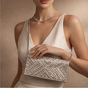 STARLET Hollywood CA Silver Rhinestone Crystal Crossbody Clutch Evening Bag NWT